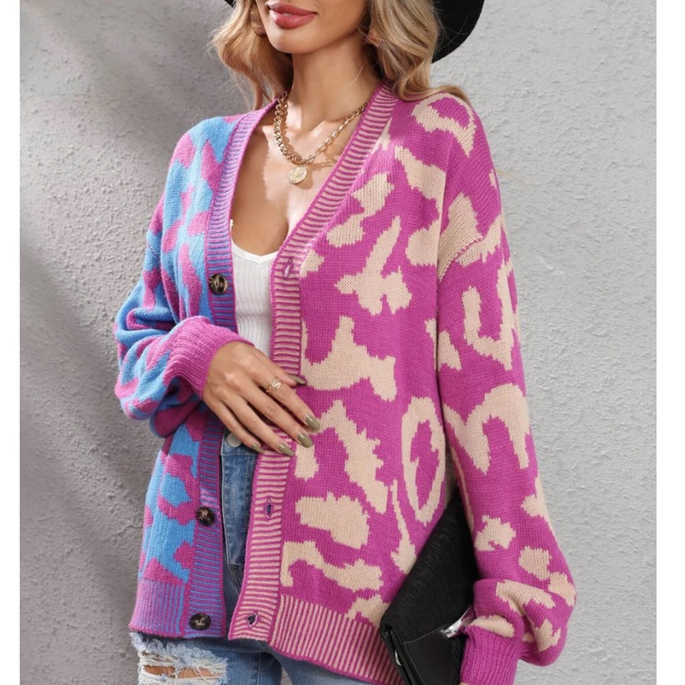 New In Leopard Color Block Patchwork Women's Knit Cardigan Sweater Button Down - Picture 3 of 5